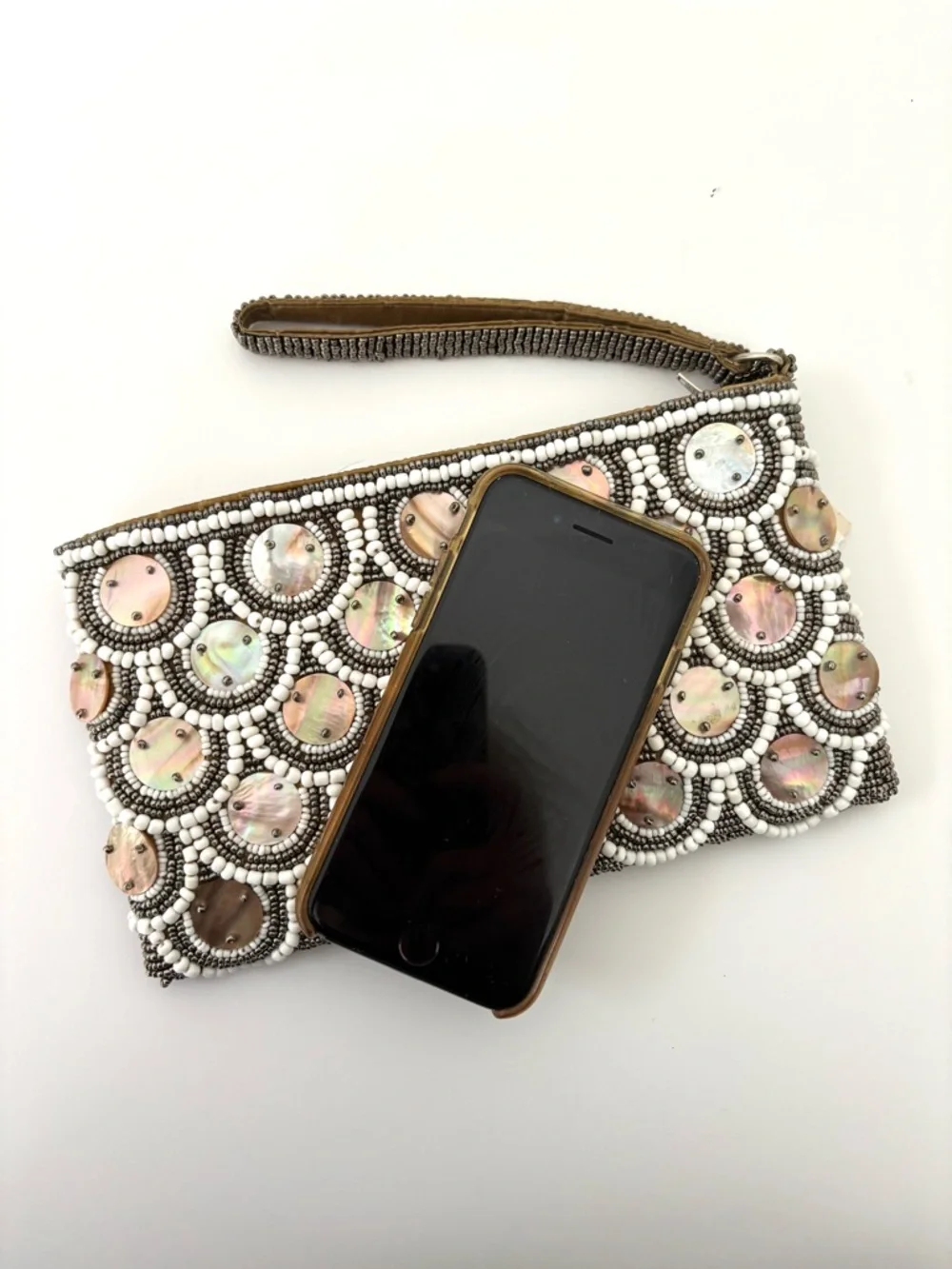 Pinkhouse Beaded Clutch Wristlet NWT Bronze & White Mother of Pearl Zip Closure